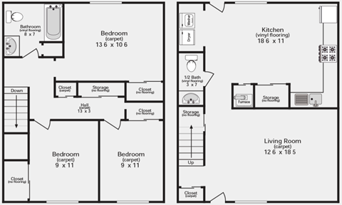 Floor plan for 3 beds, 1.5 baths, 1260 sqft